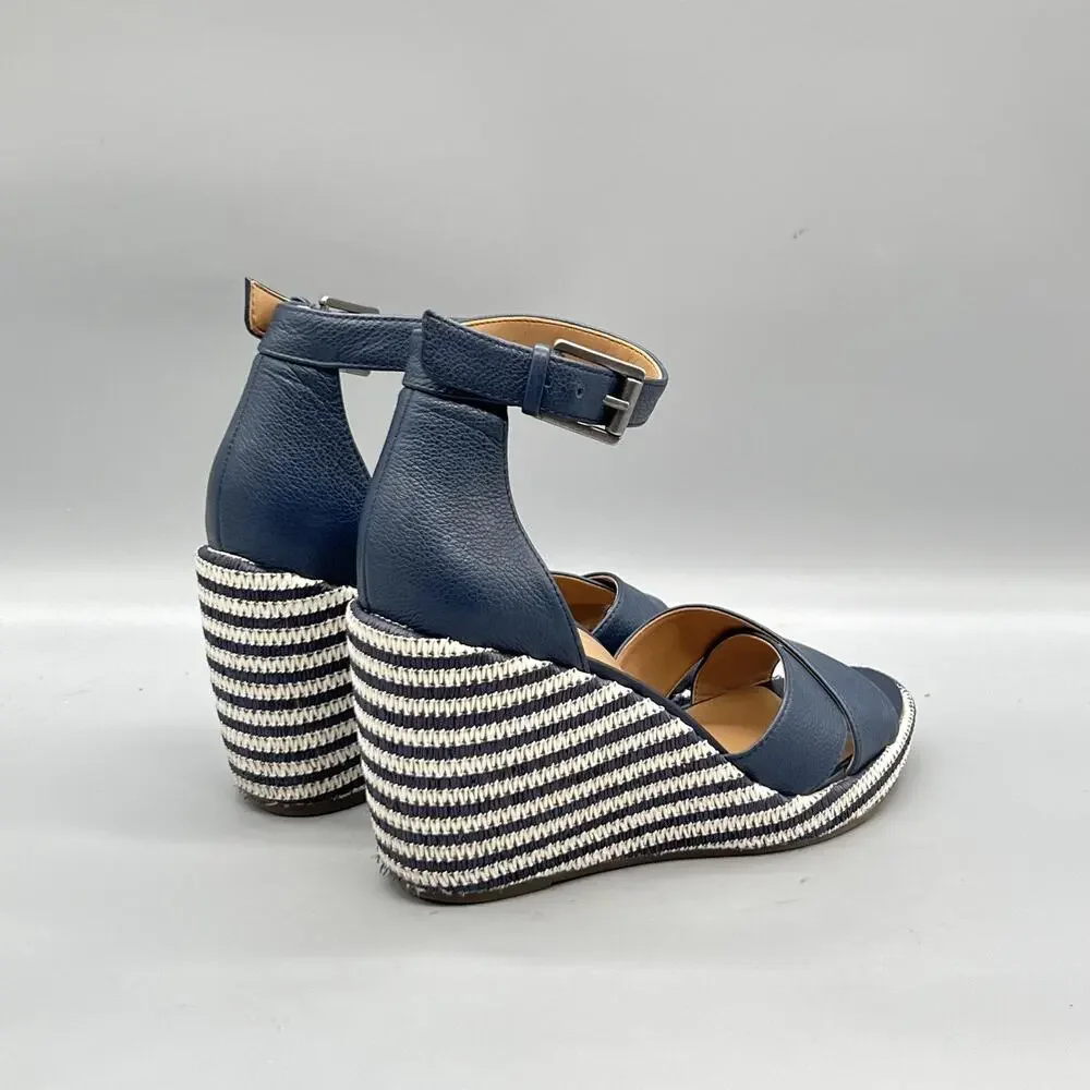 Vionic Sandals Womens 7 Blue Leather Marina Espadrille Ankle Strap Wedge Shoes